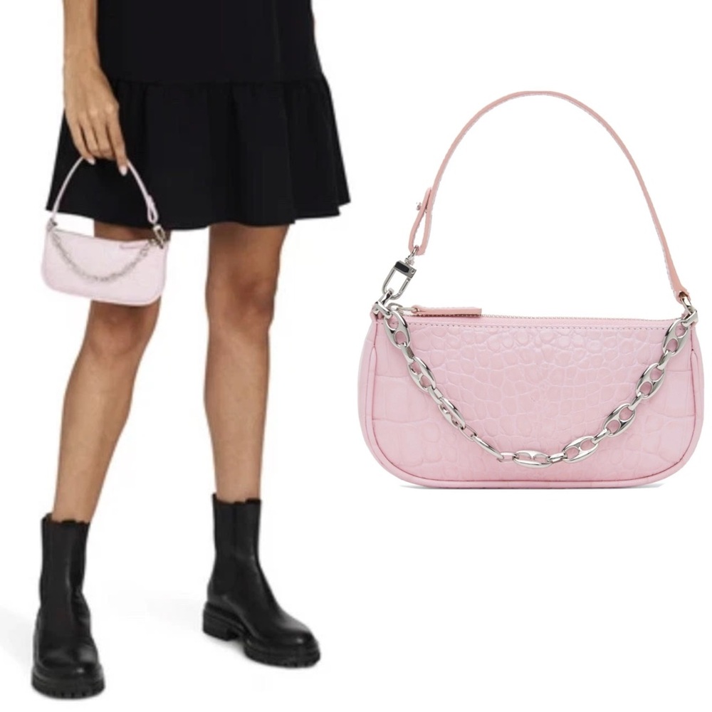 BY FAR Mini Rachel Croc-Embossed Shoulder Bag in Pink